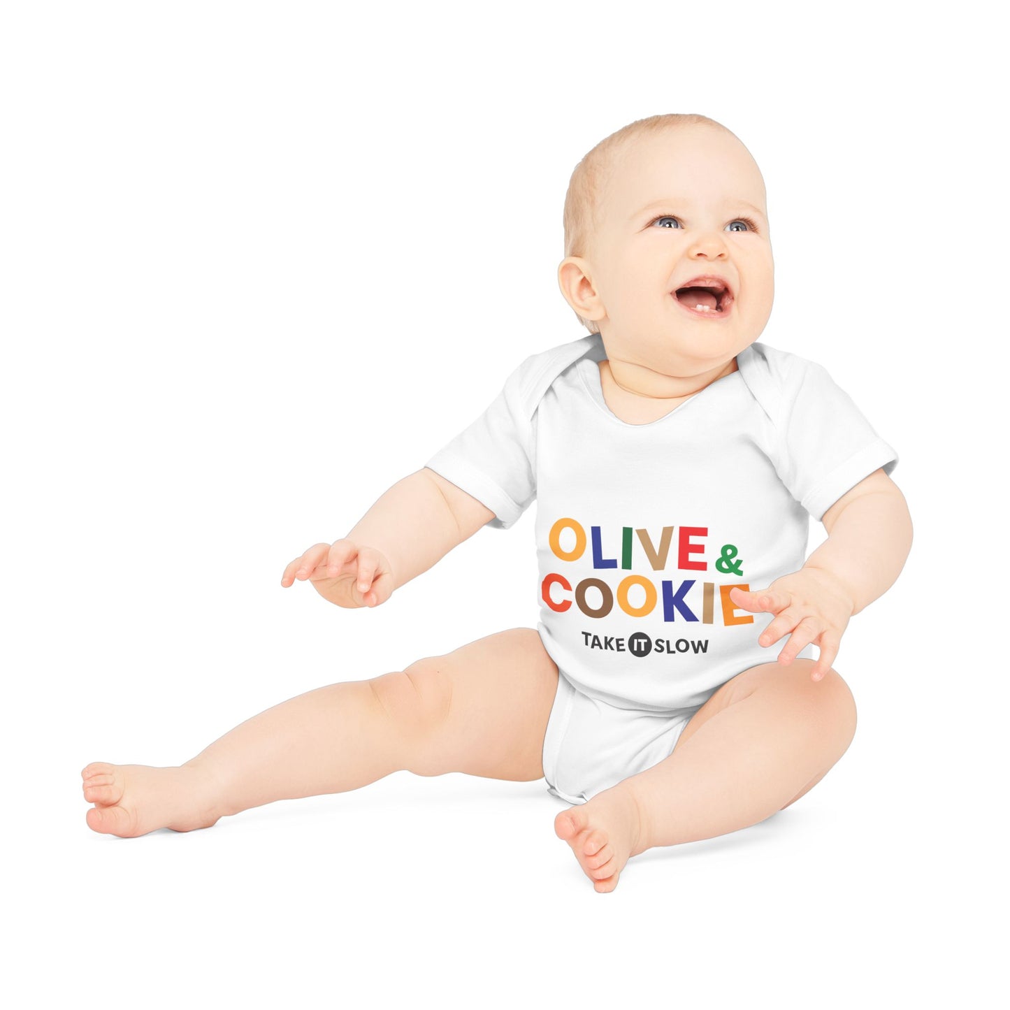 Cute Organic Baby Bodysuit - "Olive & Cookie" Take It Slow Design