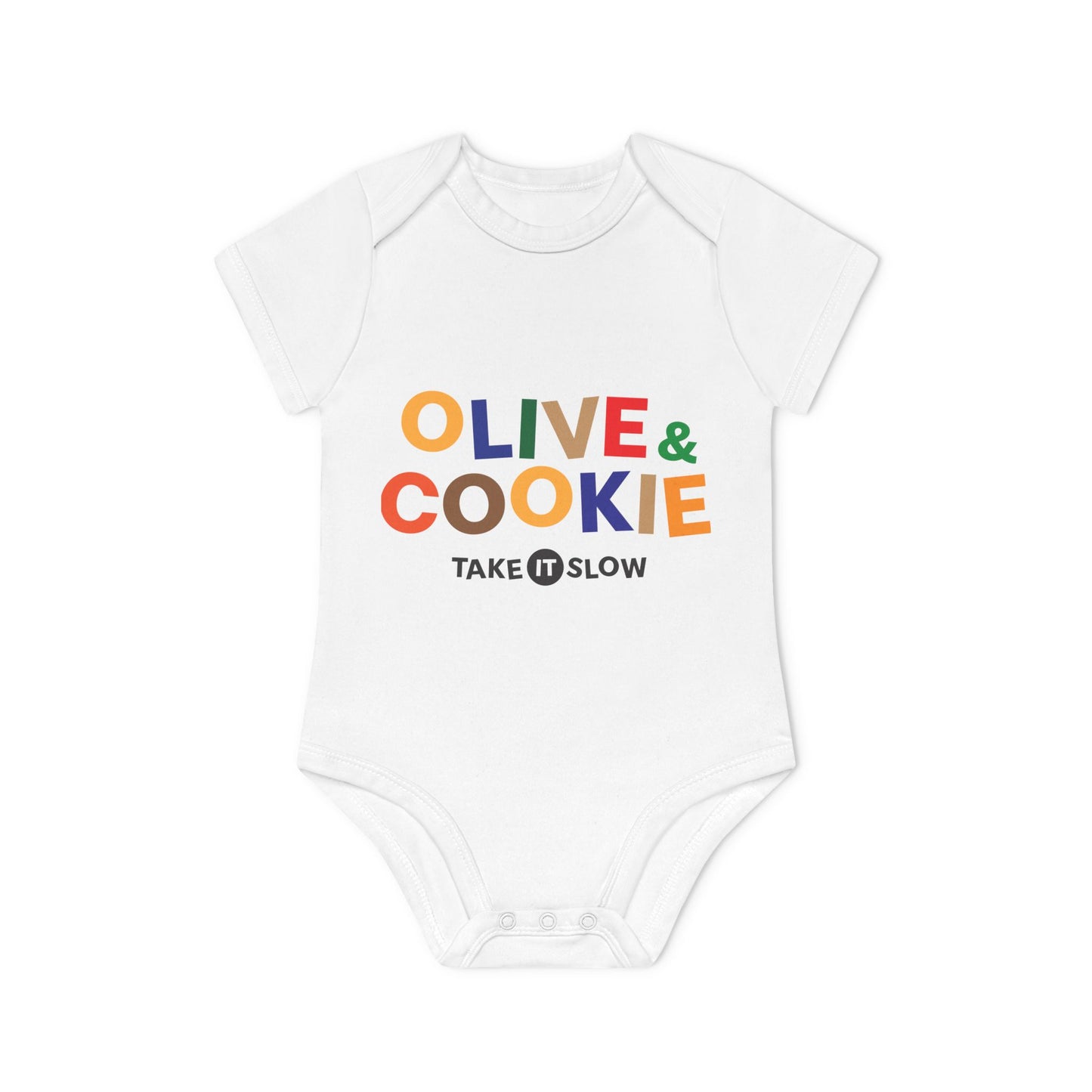 Cute Organic Baby Bodysuit - "Olive & Cookie" Take It Slow Design